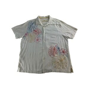 Tommy Bahama Mens 100% Silk Short Sleeve Embroidered Tropical Leaf Shirt Size LG